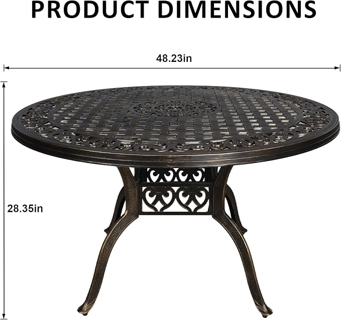 48" Cast Aluminum Outdoor Dining Table,Dining Conversation Side Table, Patio Bistro Table with 2.36" Umbrella Hole for Backyard, Garden, Patio, Porch