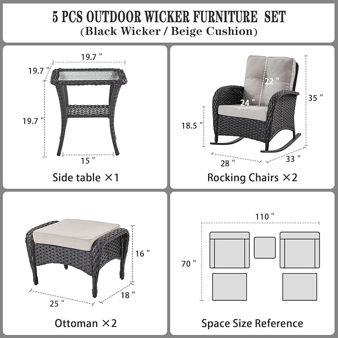 Belord Patio Rocking Chairs Furniture Set - 5 Piece Outdoor Wicker Furniture Sets with Ottomans, Small Patio Conversation Sets with Wicker Rocking Chairs Black/Beige