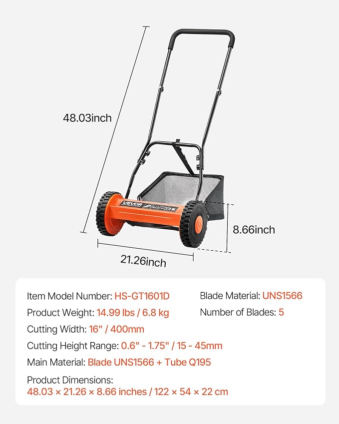 VEVOR Push Reel Lawn Mower 16 inch, 5 Blades Manual Push Mower No Motor, 0.6-1.75 in Adjustable Cutting Height, Walk-Behind Lawn Mowers with Grass Catcher Bag for Green Lawns, Driveways, Courtyards