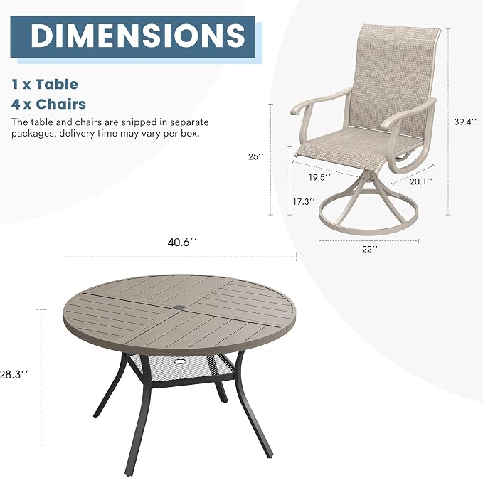DIFY Patio Table and Chairs Set for 4, 5 Piece Outdoor Dining Set, 40.6" Grey Wood-Like Round Metal Dining Table with Umbrella Hole and 4 Sandshell Textilene Swivel Patio Chairs, for Garden Backyard