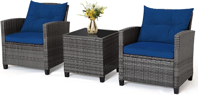 RELAX4LIFE Wicker Patio Furniture Sets - 3 Pieces Patio Rattan Sofa Set, Outdoor Conversation Set with Tempered Glass Tabletop, Heavy-Duty Steel Frame, Wicker Chair Set for Poolside, Backyard, Navy