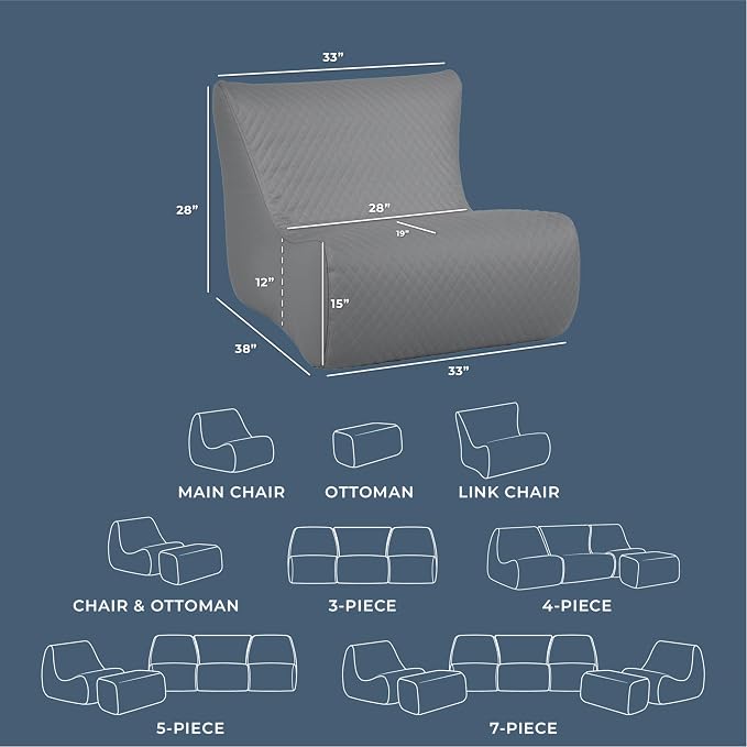 Big Joe Solvana Lounge Chair, Outdoor Weather-Resistant Cool Touch Silicone Stitched Leather, Link Chair, Moonlit Gray