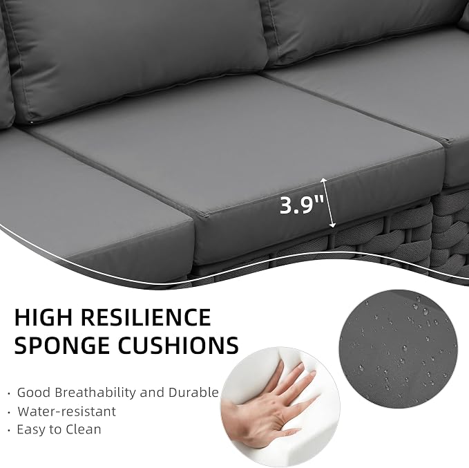 TWT ﻿Dark Gray Left Arm Outdoor Patio Sofa, Modular Woven Rope Sectional Chair with Water-Resistant Cushion & Rust-Proof Frame, for Backyard Balcony Deck