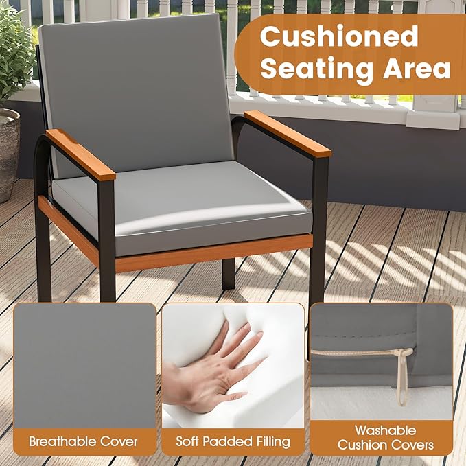 Tangkula 3 Pieces Patio Furniture Set, Outdoor Cushioned Conversation Chairs Set with Acacia Wood Side Table, for Porch, Balcony and Garden