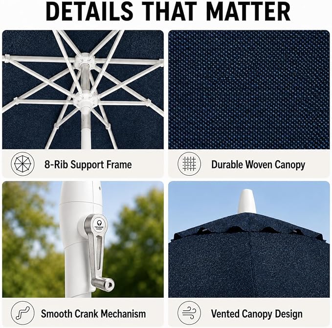 Treasure Garden 9ft Patio Umbrella - Outdoor Furniture Market Umbrella – Deluxe Auto-Tilt – White Aluminum Frame (Sunbrella, Spectrum Indigo)