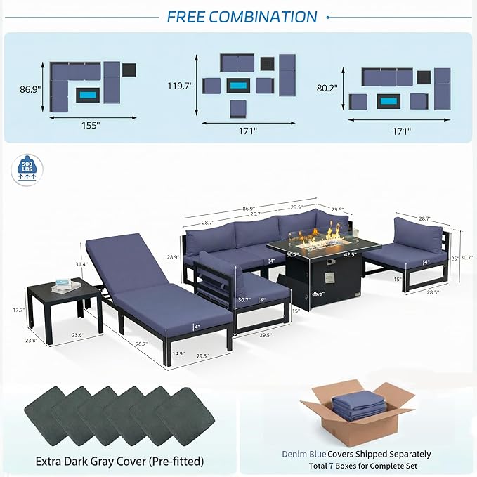 NICESOUL 8 Piece Large Modern Aluminum Patio Furniture Set, Water & Fade Resistant Modular Outdoor Conversation Set with Chaise, 500 lbs Heavy Duty Comfortable Sectional Sofa for Poolside, Denim Blue