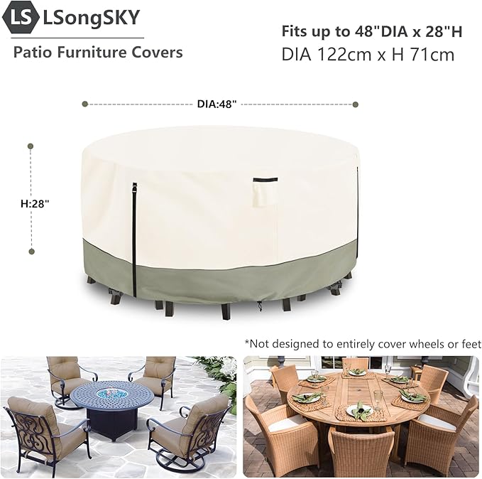 48 inch Round Patio Table Cover,600D Heavy Duty Outdoor Furniture Covers Waterproof,Round Patio Table for Patio Furniture Covers,48" Dia x 28" H Beige
