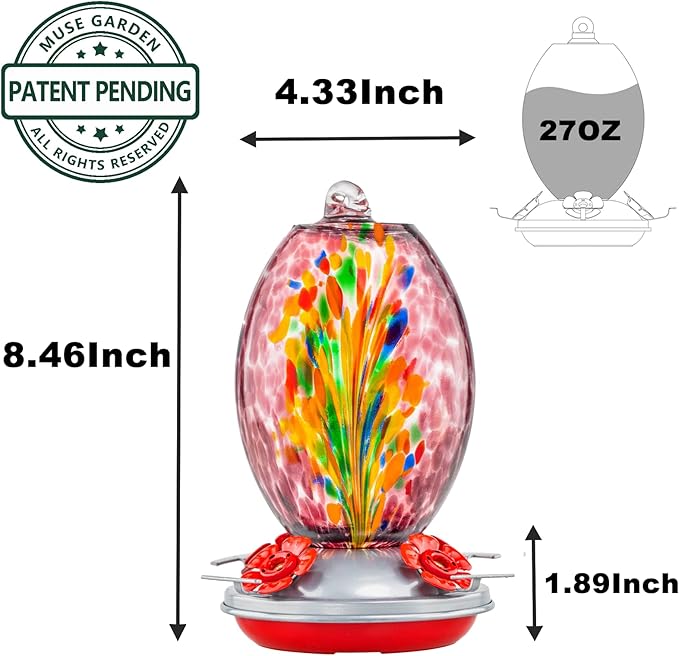 Muse Garden Glass Humming Bird Feeders for Outdoors - 27OZ Blown Glass Hummingbird Feeder - Unique Gift Mom Women, Outdoors Hanging Garden Decor, Includes Ant Moat & Brush, Purple Fireworks