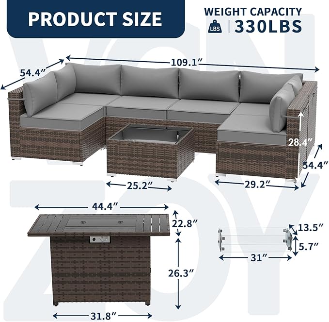8 Piece Patio Furniture Set with 43" Fire Pit Table, Outdoor Sectional Sofa Set Heavy Duty Wicker Furniture Set with 2 Waterproof Covers