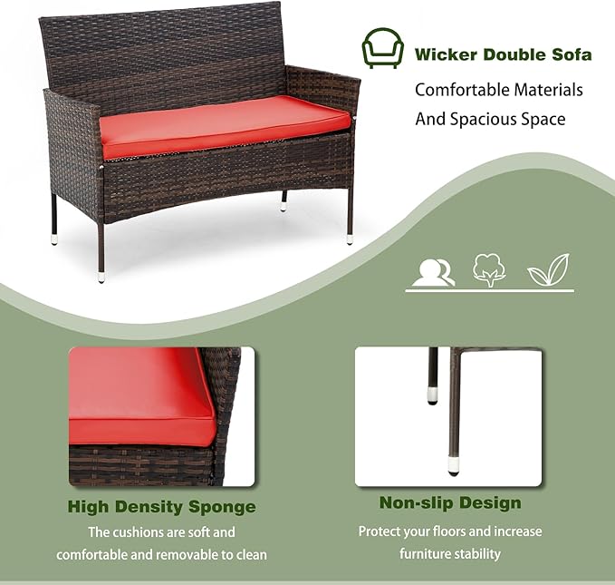PayLessHere Outdoor Furniture Set 4 Pcs Modular Patio Furniture Set Water Resistant Conversation Set with 3 Rattan Chairs 1 Tempered Glass Topped Table for Patio Poolside, Brown Wicker/Red Cushions