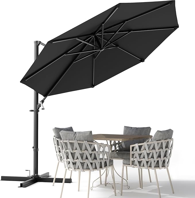 Devoko 10ft Cantilever Patio Umbrella, Round Large Outdoor Umbrella with 360-Degree Rotation, Hanging Offset Market Sun Umbrella, Easy Tilt and Heavy-Duty Frame, for Patio Backyard Garden, Black