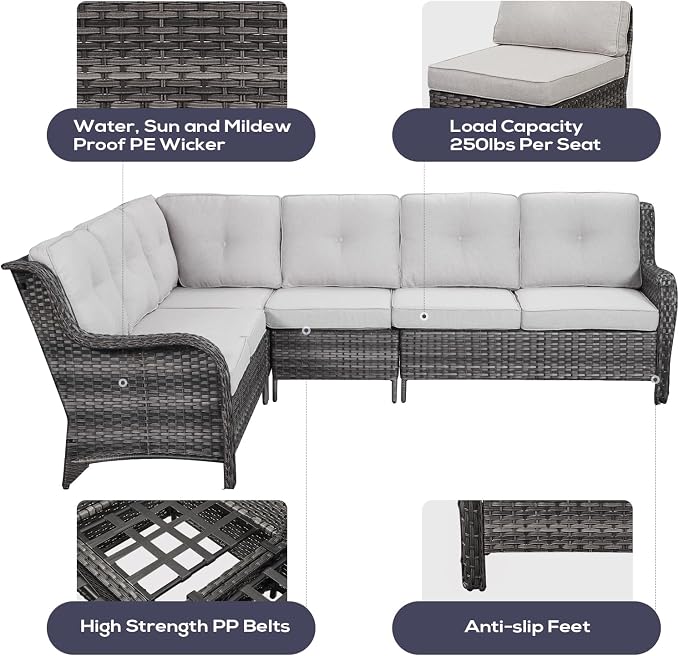 Belord Patio Furniture Set with Fire Pit Table, Outdoor Swivel Rocker Patio Chairs, Oversized Outdoor Sectional Couch, Two 3-Seater Sofas with Coffee Table, Ideal for Porch, Deck, Grey Wicker/Beige