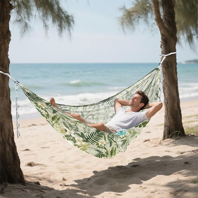 Camping Hammock Outdoor Hammocks for Outside Green Plant Flowers Beach Trees Portable Lightweight with Pockets Tree Straps Indoor