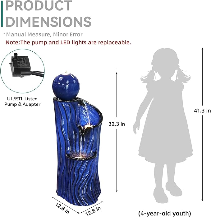 32" H Ceramic Outdoor Water Fountain with LED Lights, 3-Tier Cascading Sphere Water Feature, Tranquil Waterfall for Relaxing Garden, Patio, Yard, or Porch, Cobalt Blue, Dynamic Wave-Texture