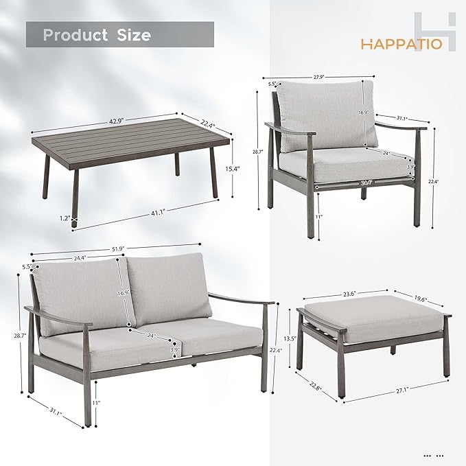 HAPPATIO Patio Outdoor Furniture Set - 6 Pieces Aluminum Outdoor Conversation Set with 1 Cushioned Loveseat, 2 Armchairs, 1 Coffee Table and 2 Ottomans for Yard, Porch, and Deck (Grey)