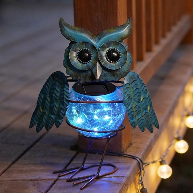HONGLAND Solar Lights Outdoor Garden Owl Decor, Vibrant Blue Owl Solar Light Outdoor Waterproof with Glowing Crackle Glass Globe, Metal Yard Art Statue for Lawn Porch Patio Outside Garden Decor Gifts