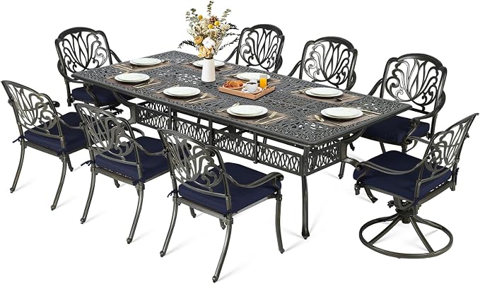 MEETWARM 9-Piece Outdoor Patio Dining Set, All Weather Cast Aluminum Patio Funiture Table and Chairs Set- 94.5” Rectangular Table and 2 Swivel Rocker Chairs, 6 Stationary, Umbrella Hole, Navy Blue