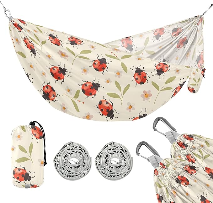 Camping Hammock Outdoor Hammocks for Outside Lady Bugs Off-White Beach Trees Portable Lightweight with Pockets Tree Straps Indoor Small