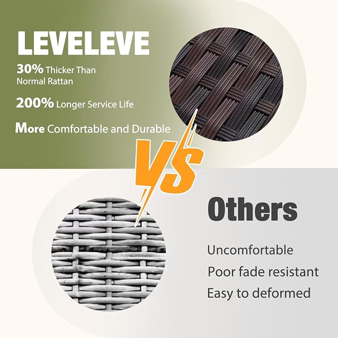 LEVELEVE Patio Conversation Set 5 Piece, Balcony Furniture Outdoor PE Rattan Wicker Lounge Chairs with Soft Cushions, 2 Ottomans & Glass Table for Porch Lawn, Brown (Army Green Cushions