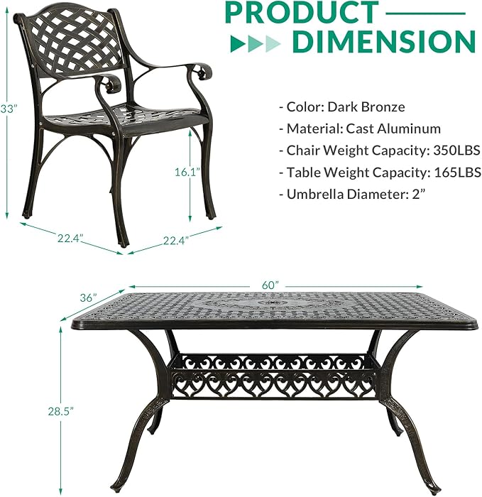 VIVIJASON 7-Piece Patio Furniture Dining Set, All-Weather Retro Cast Aluminum Outdoor Conversation Set, Include 6 Chairs and a Rectangle Table with Umbrella Hole for Balcony Lawn Garden Backyard