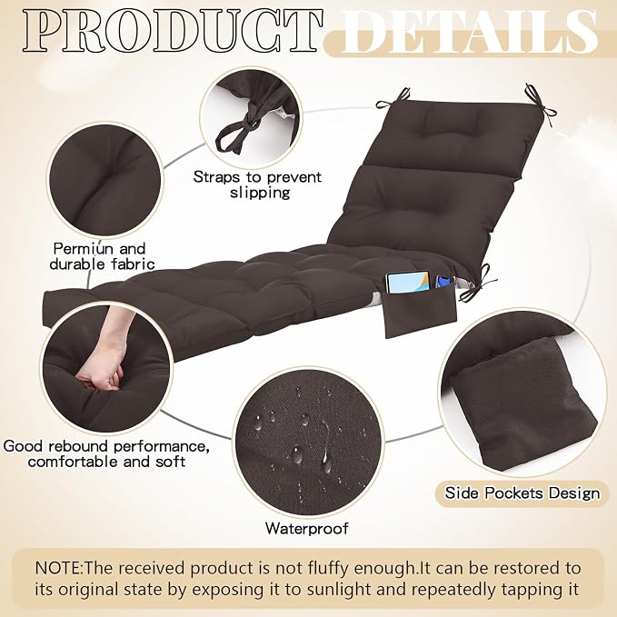 Kigley 2 Pcs Outdoor Chaise Lounge Cushions with 3 Side Pocket 74.5 x 22 x 4.7 Inch Patio Chaise Lounge Cushion, Water-Repellent and Fade-Resistant Tufted Summer Replacement(Dark Brown)