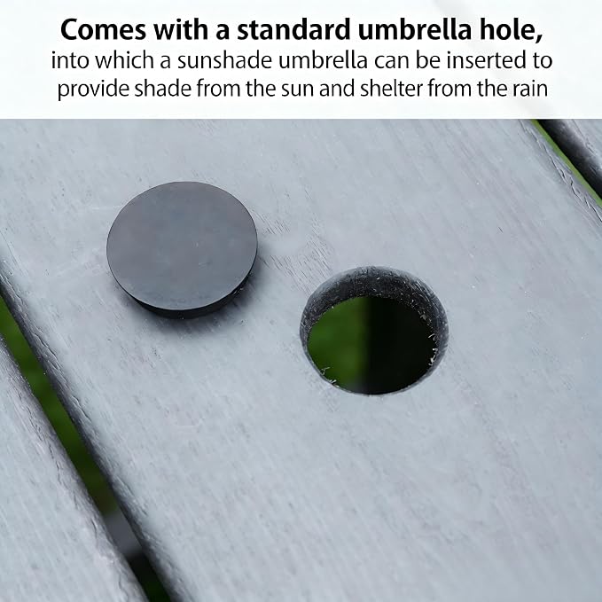 KEIKI 66.9" HDPE Outdoor Table, All Weather Patio Table with Umbrella Hole, Waterproof & Fade Resistant, Wood Grain Finish, Easy Assembly Patio Furniture for Garden Balcony Poolside Backyard, Grey