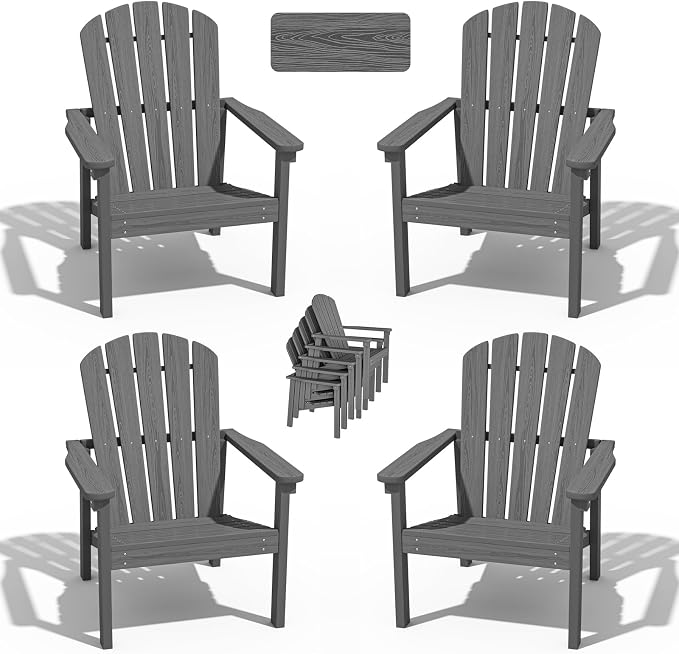 nevilywood Compact Stackable Adirondack Chairs Set of 4,HDPE,380lbs,Grey | 26.3" Wide HDPE.All-Weather Outdoor.Maintenance-Free.Stackable for Storage.25°Curved Straight Backrest.Quick Assembly