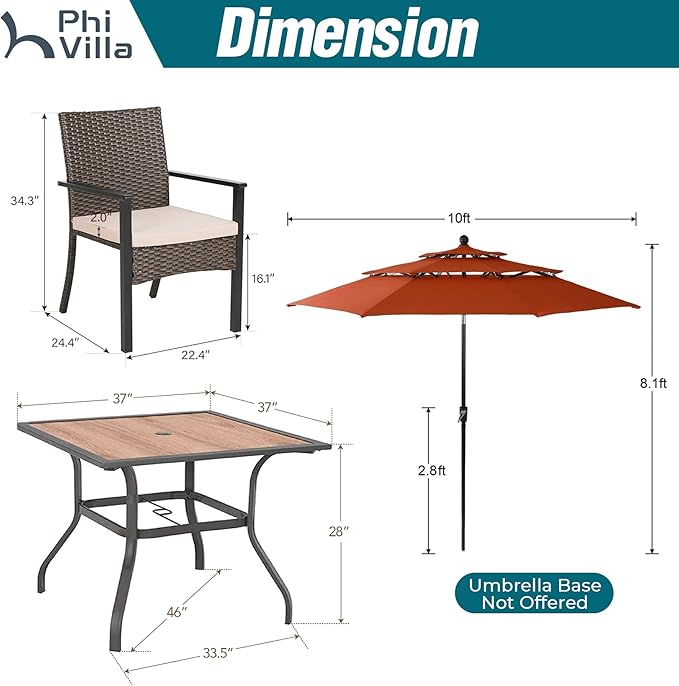 PHI VILLA 5 Pieces Outdoor Dining Set with Umbrella for 4, 37" Square Metal Polywood Table & Cushioned Wicker Rattan Chairs & 10ft Navy Blue Umbrella Furniture for Patio, Deck, Yard, Porch