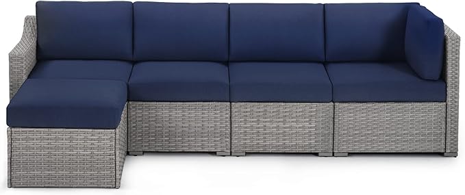 HAPPATIO 5 Piece Patio Conversation Set,All-Weather Patio Furniture Set,Outside Patio Furniture,4 Piece Outdoor sectional,PE Rattan Wicker Outdoor Sectional Sofa.(Grey/Blue)