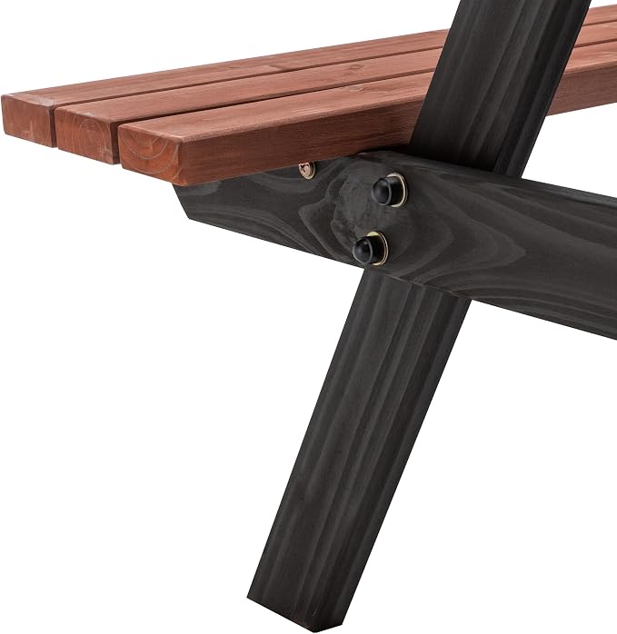 75'' Rectangular Outdoor Dining Table Wooden Patio Dining Table & 2 Built-in Bench for 8, 2" Umbrella Hole, Suitable for Picnic Backyard Garden Porch, Wood Brown