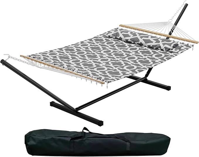 Patikuin Extra Wide Double Hammock with Heavy Duty Steel Stand, 475 Lbs Capacity 2 Person Hammock with Quilted Fabric, Pillow & Carry Bag for Backyard Garden Camping