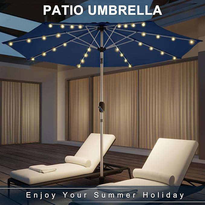9FT Aluminum Patio Umbrella with 40-LED Solar Lighted, Fade-Resistant Outdoor Market Table Umbrella with Push Button Tilt Function, 8 Sturdy All-Aluminum Ribs for Gardens, Decks, Backyards & Pools