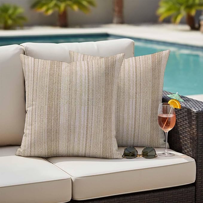 Abstract Beige Outdoor Pillow Covers Set of 2 Rustic Farmhouse Minimalist Beige Vertical Striped Lines Waterproof Throw Pillow Cover Decorative Cushion Cases for Patio Porch Garden 26X26 Inch