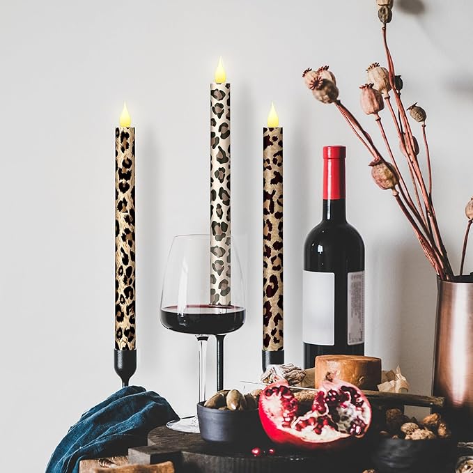 Honoson 6 Pcs Leopard Flameless Taper Candles 10.6 Inch Wild Safari Cheetah Print Candles Battery Operated LED Candlesticks for Animal Theme Jungle Birthday Party Dinner Table Home Bathroom Decor