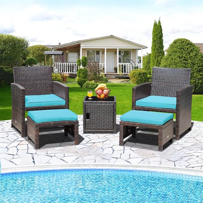 55PCS Patio Rattan Furniture Set Ottoman Cushion W/Cover Space Saving Turquoise