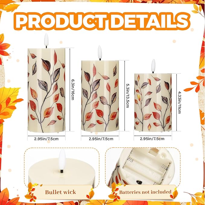 Tuanse 3 Pcs Thanksgiving Fall Flameless Candles Maple Leaf LED Candle Lights Battery Operated Candles Mixed Size Flickering LED Light for Fall Thanksgiving Halloween Harvest(Red Maple Leaf)
