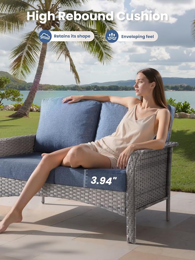8-Piece Outdoor Patio Furniture Set with Swivel Chairs, Outdoor Conversation Wicker Sofa with Coffee Table, Rattan Couch for Deck Yard Poolside, Blue