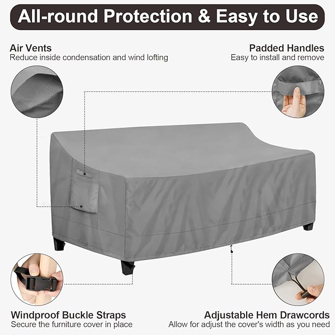 PureFit Outdoor Couch Cover Waterproof Patio Sofa Furniture Covers, 4-Seater Outdoor Cover with Air Vent and Handles, 104W x 40D x 35H Inches, Gray