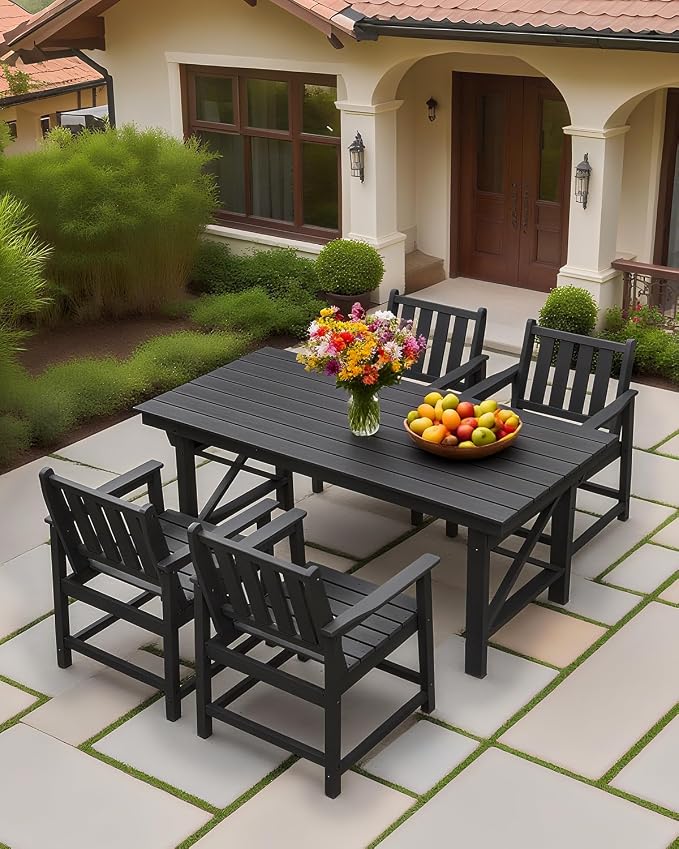 5-Piece Patio Dining Table Sets, All Weather Outdoor HDPE Dining Furniture Set with Umbrella Hole Table and 4 Chairs for Lawn, Garden, Poolside, Backyard, Black