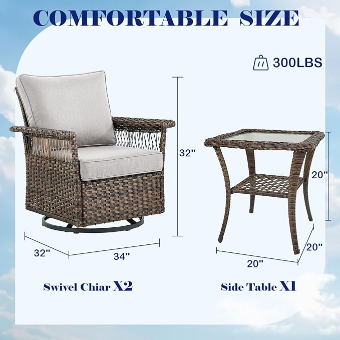 Outdoor Patio Rocking Swivel Chairs - 3PC Wicker Patio Bistro Rocker Chair Set,Rattan Glider Chair with Sturdy Frame,All-Weather PE Wicker and Cushions,1 Side Table for Deck Porch Balcony(Brown/Beige)