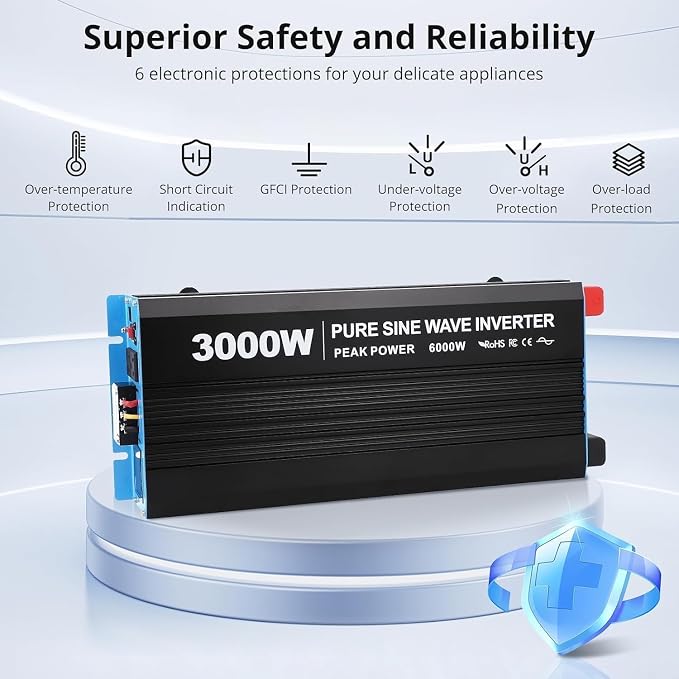 Power Inverter 3000 Watt Pure Sine Wave 12V DC to 110V/120V AC 6000W Peak Converter for Family RV Off Grid Solar System with 3 AC Outlets LCD Display Remote Control and 2.1A USB Charging Port