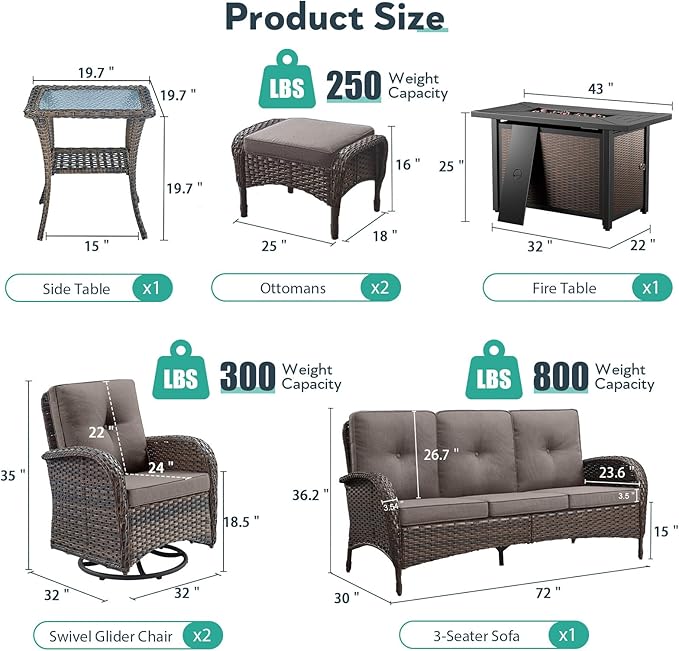 7 Piece Patio Furniture Set with Fire Pit Table - Wicker Patio Conversation Set with Swivel Glider, 3 Seat Sofa, Side Table and 2 Ottomans for Deck Backyard - Brown Wicker Grey Cushion