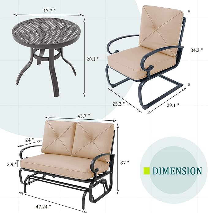 4 Pcs Outdoor Wrought Iron Furniture Patio Conversation Set with Glider Loveseat, 2 Spring Chairs, and Coffee Table (Brown)