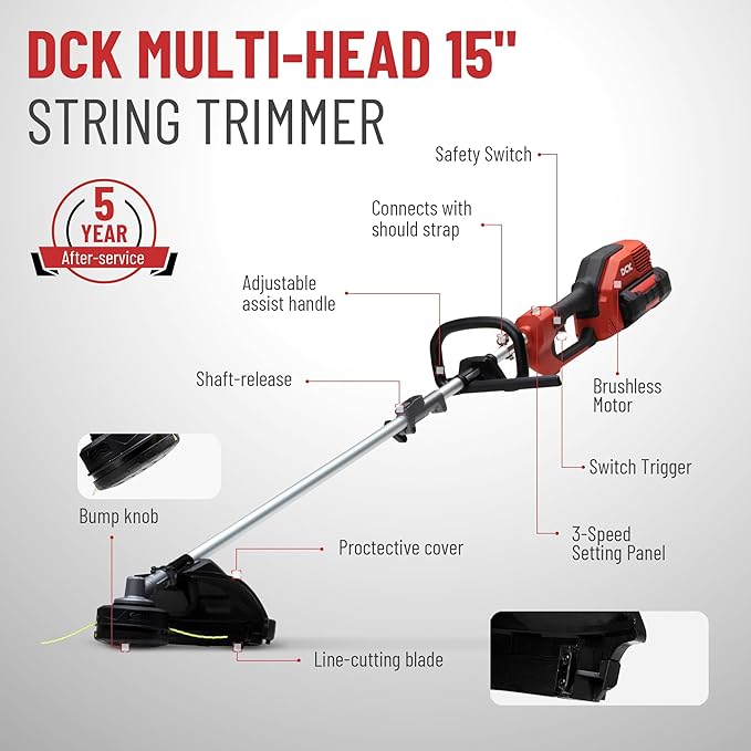 DCK 58V Multi-Head String Trimmer Cordless, 15" Brushless Weed Wacker with Rapid Reload and Auto Feed, 3-Speed Multi-Head Lawn Edger, Electric Weed Eater for Grass, 4.0Ah Battery and Charger