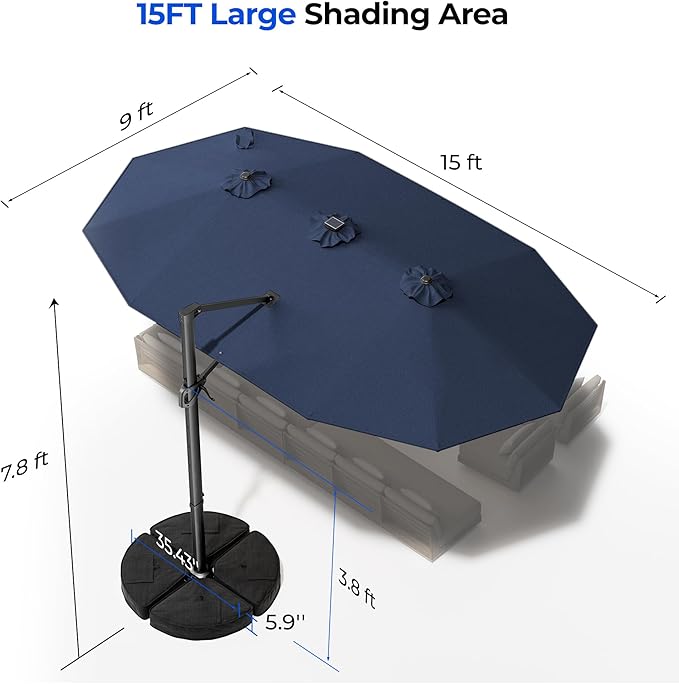 HOMSHADE 15FT Cantilever Double-Sided Umbrella with Solar Light and Base, Rectangle Oversized Offset Patio Umbrellas, Extra Large Outdoor Umbrella for Pool, Deck, Garden, Market (Navy Blue)