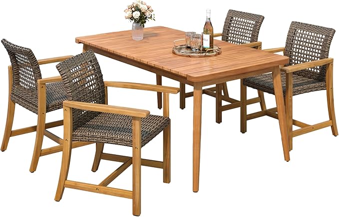 Merax 5 Piece Patio Dining Set, Outdoor Acacia Wood 63" Slatted Dinning Table and 4 Rattan Arm Chairs w/Sturdy Wood Legs for Backyard,Balcony, Garden, Poolside, Mocha+Teak