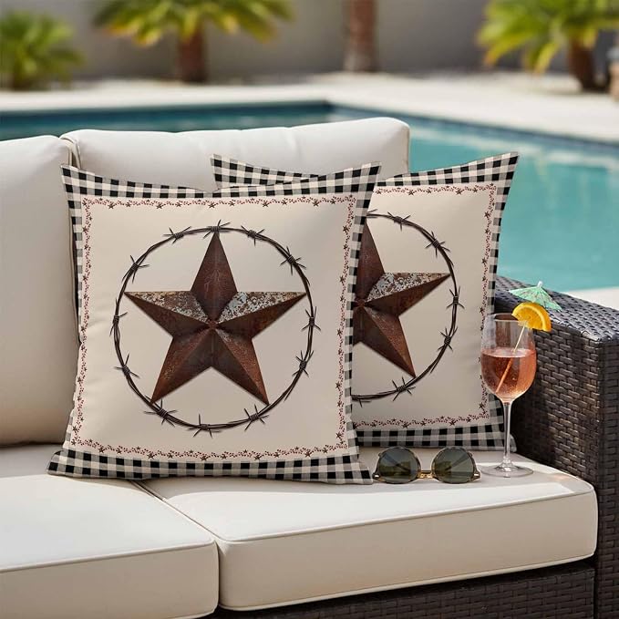 American Country Outdoor Waterproof Throw Pillow Covers Set of 2, 26"x26", Star Farmhouse Beige Black Buffalo Plaid Decorative Pillow Covers Outside Cushion Case for Patio Porch Garden