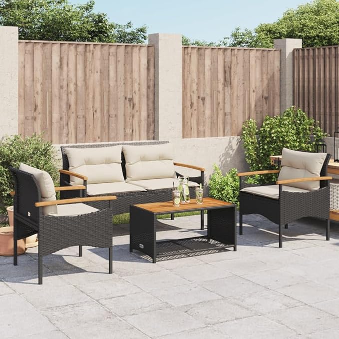 4 Piece Patio Sofa Set Black Poly Rattan Outdoor Conversation Set with Cream Cushions for Backyard Patio Balcony Porch
