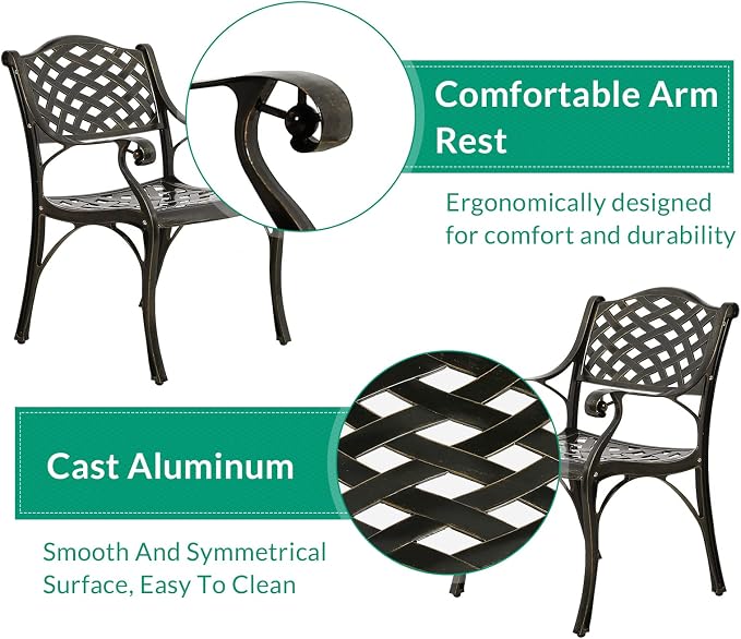 VIVIJASON 3-Piece Patio Bistro Set, All-Weather Cast Aluminum Outdoor Furniture Dining Set, Include 2 Chairs and 31" Round Table w/Umbrella Hole for Balcony, Lawn, Garden, Backyard, Antique Bronze
