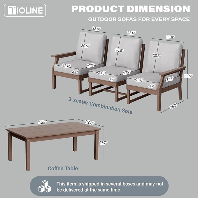 HDPE Patio Conversation Set, 4-Piece All Weather Outdoor Furniture Set with 3-Seater Modular Sofa for Deck, Lawn, with Cushion, Brown